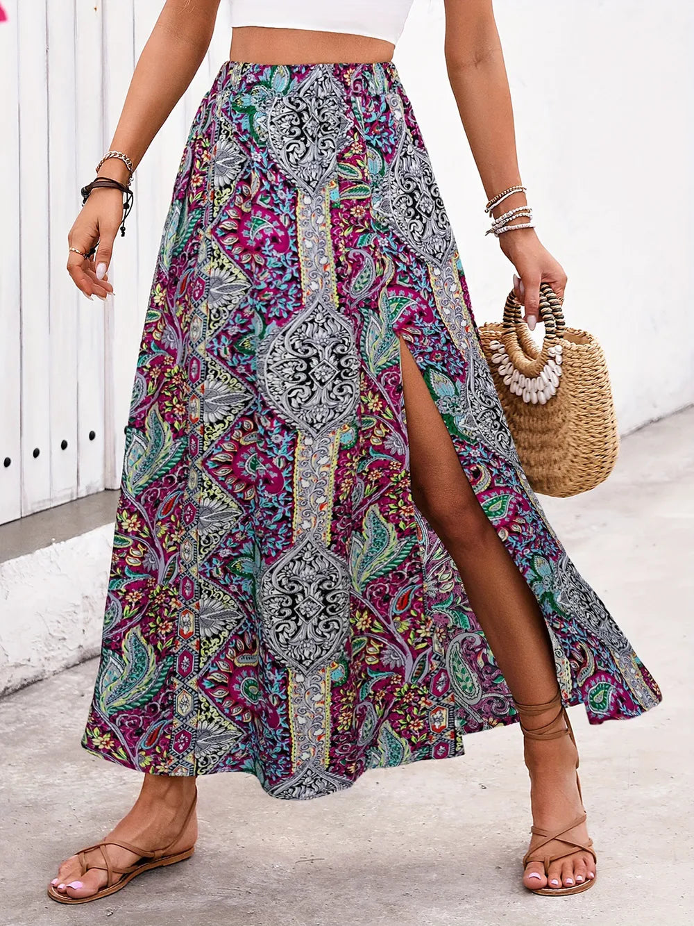 Printed Elastic-Waist Skirt with Slit