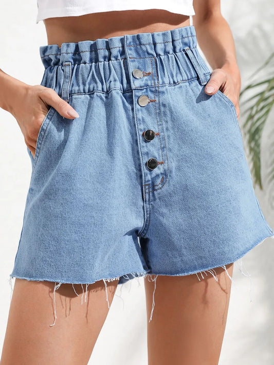 Raw Hem Denim Shorts in Medium Wash
