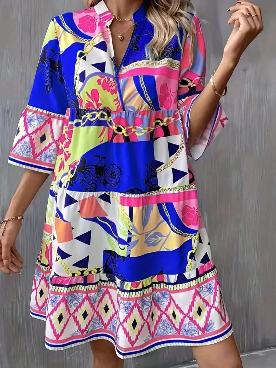 Printed Notched 3/4 Sleeve Tiered Dress in Royal Blue