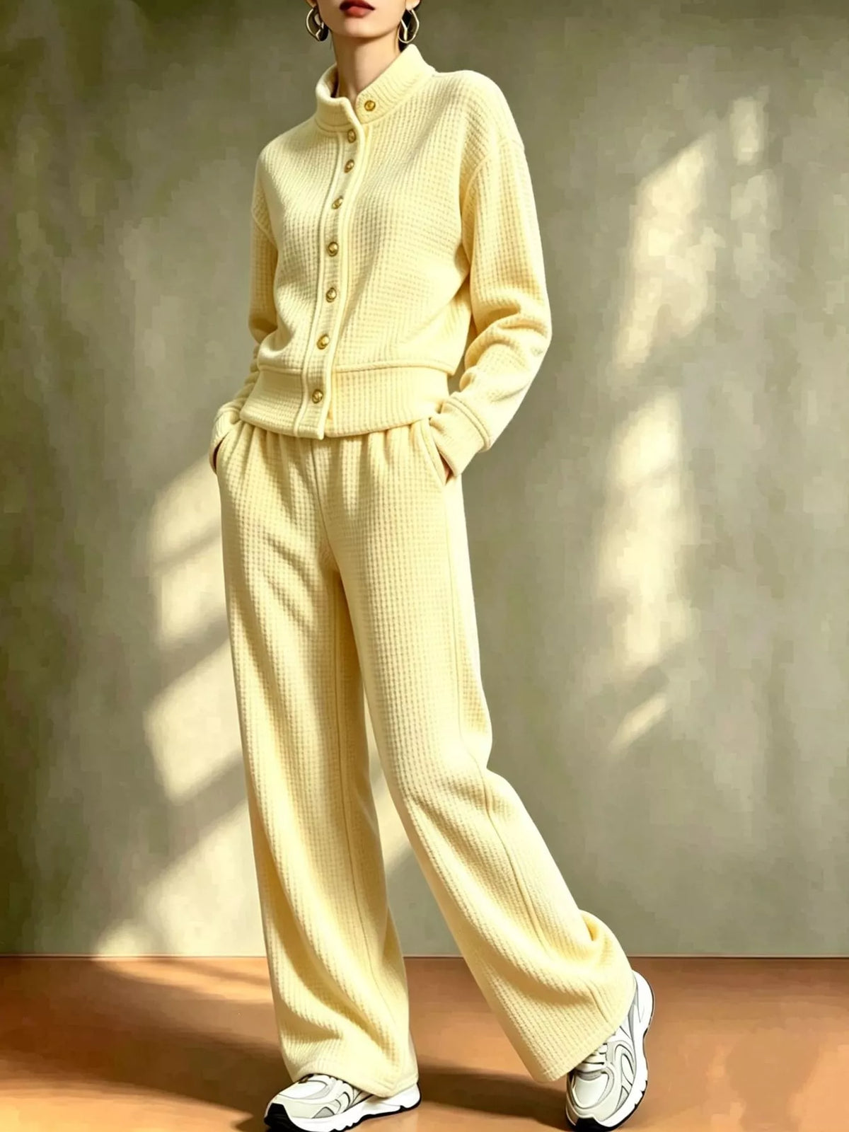 Waffle Knit Button-Up and Wide-Leg Pants Set