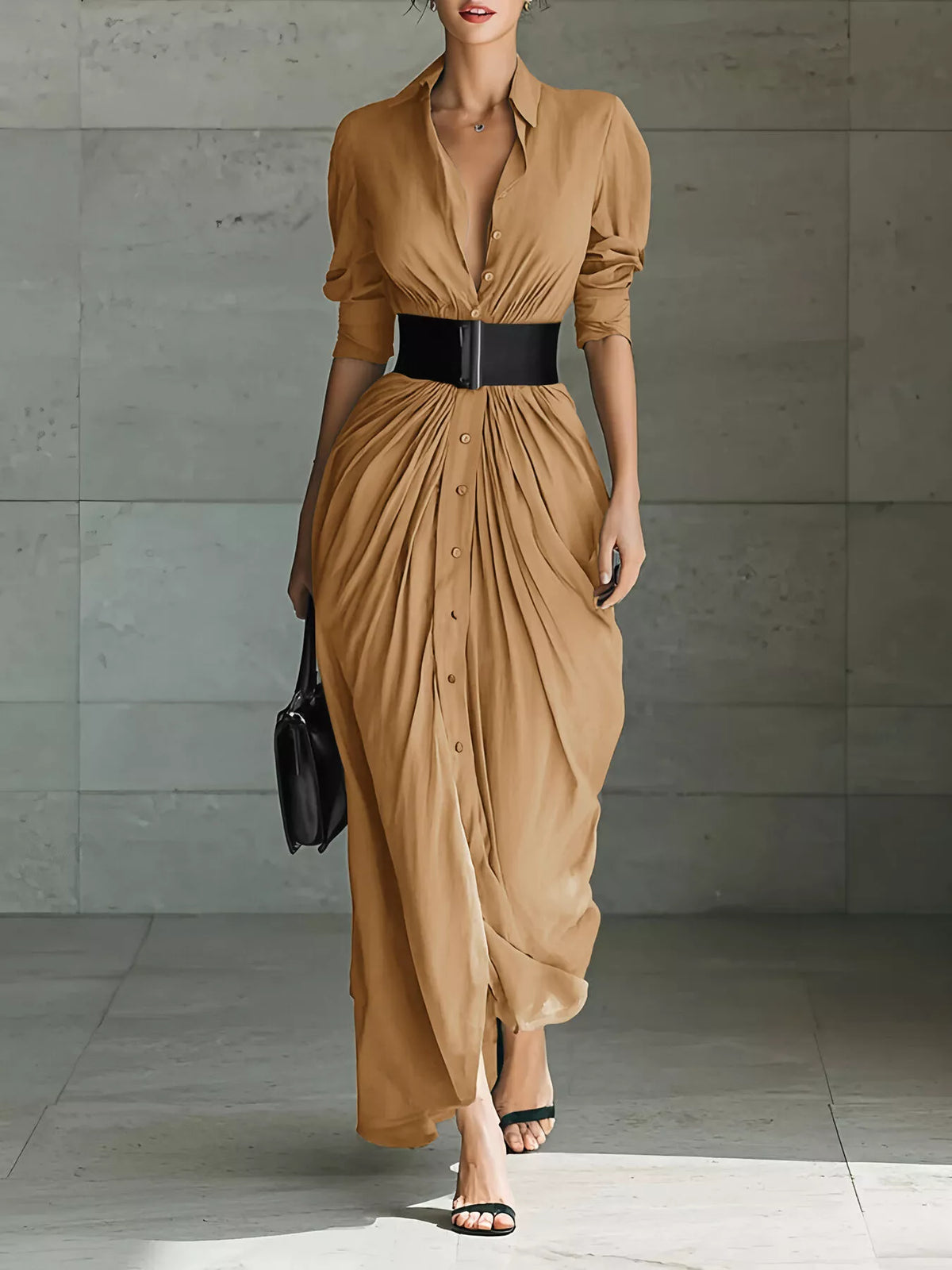 Ruched Button-Front Shirt Maxi Dress