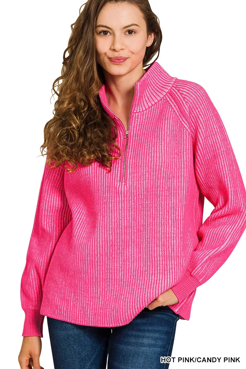 Zenana Ribbed Half Zip Sweater in Hot Pink & Candy Pink in Hot pink/candy pink