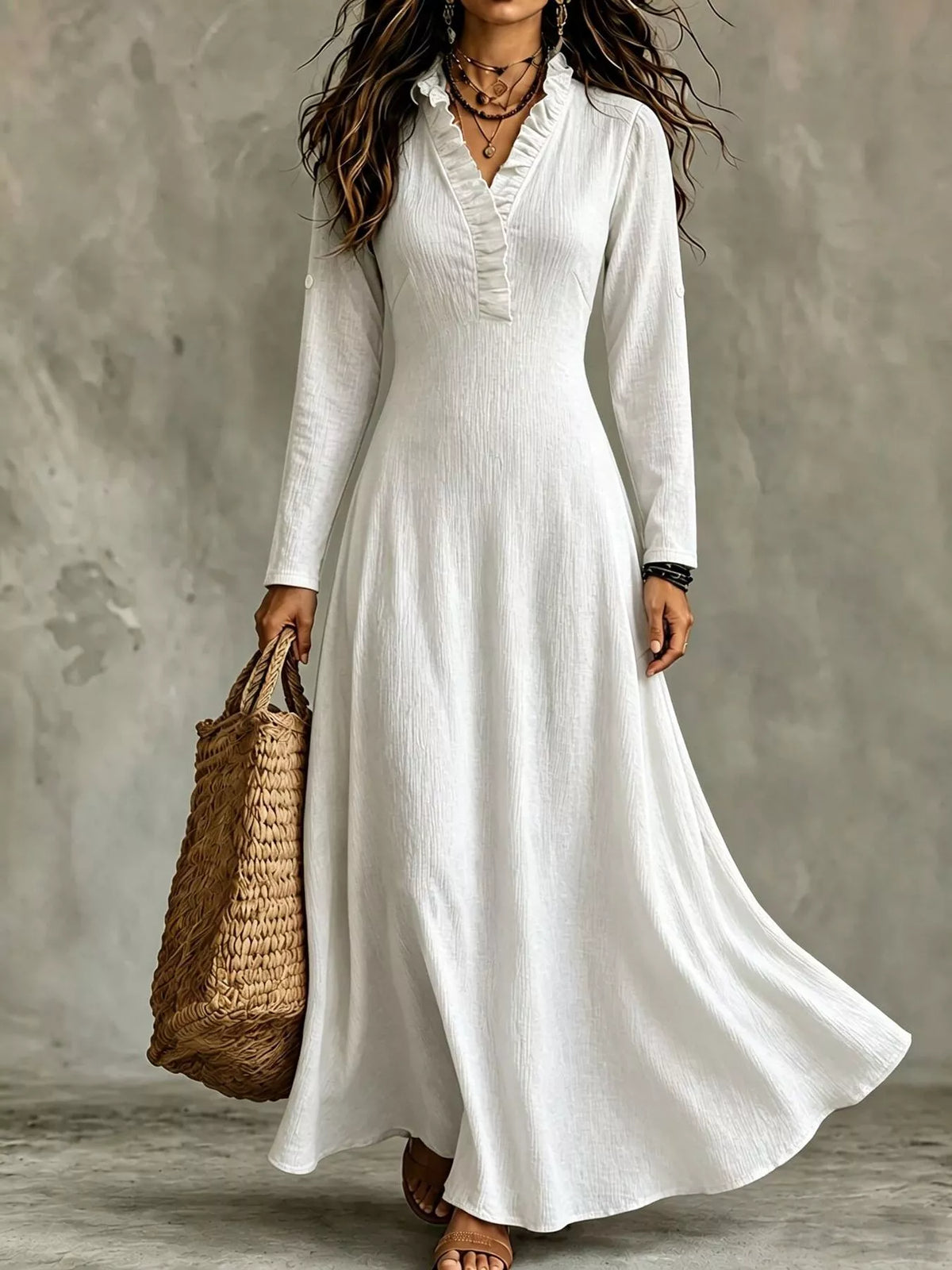 V-Neck Ruffled Maxi Dress with Roll-Up Sleeves