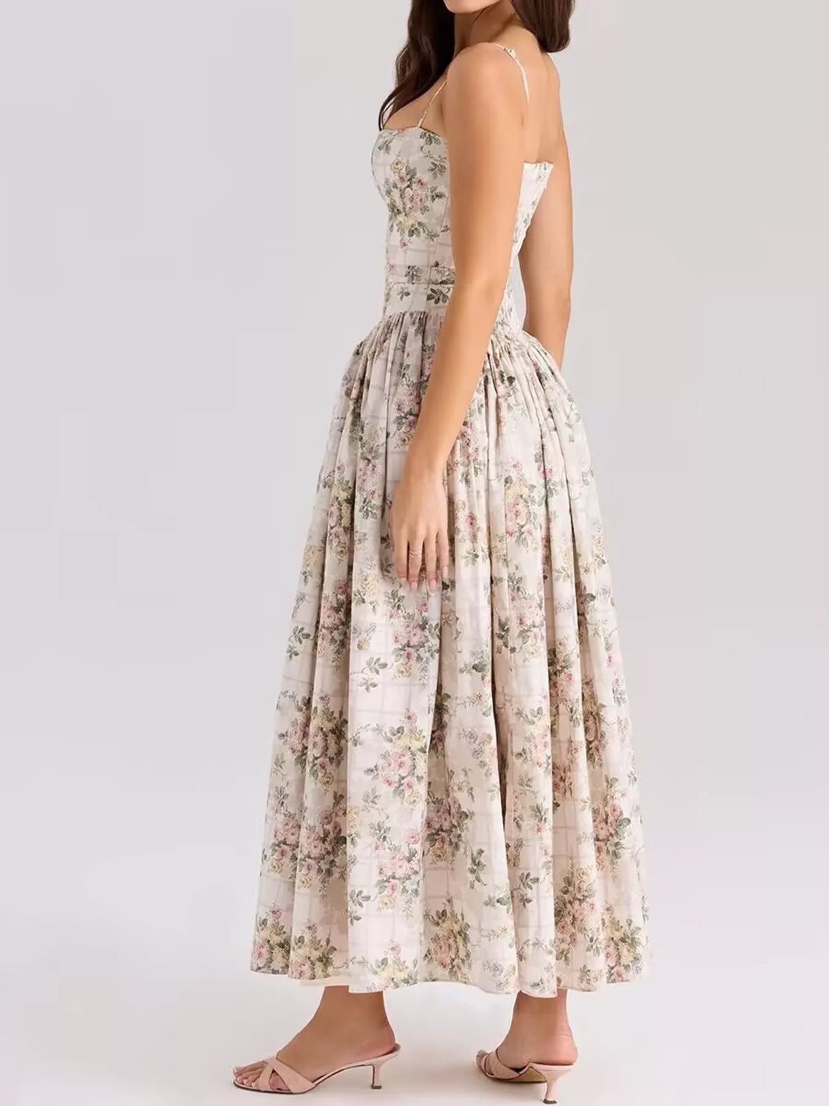 Floral Spaghetti Strap Midi Dress in White