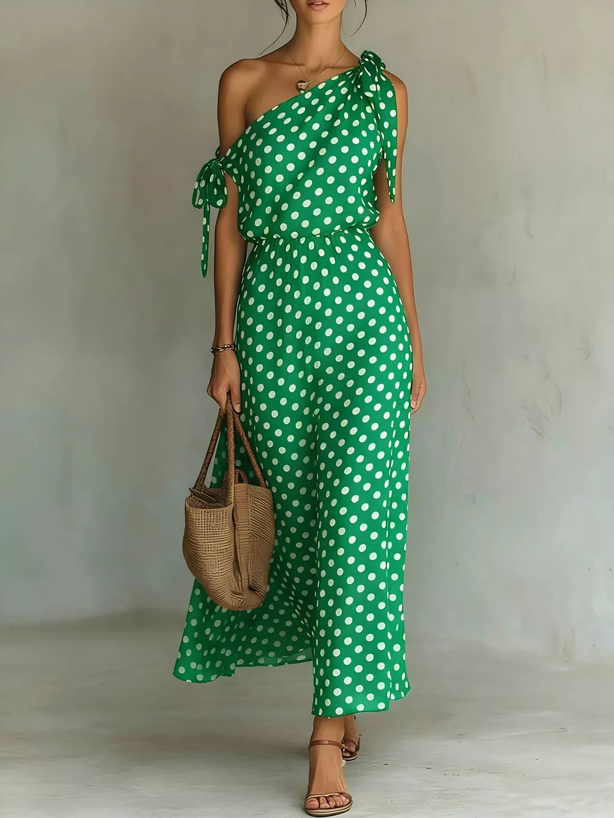 One-Shoulder Polka Dot Maxi Dress