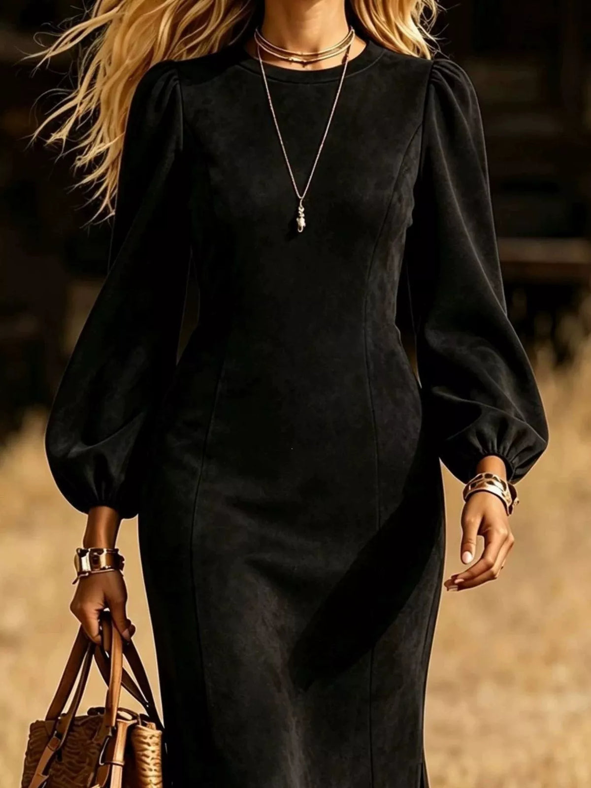 Fringe Round Neck Balloon Sleeve Dress