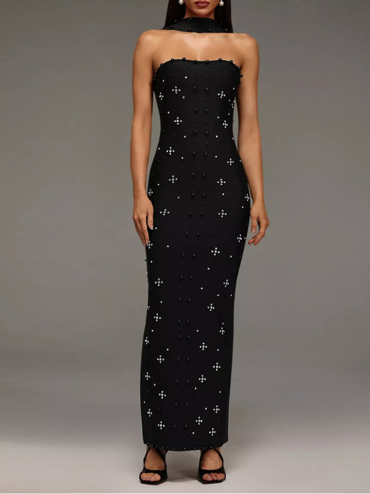 Rhinestone Tube Bodycon Maxi Dress in Black