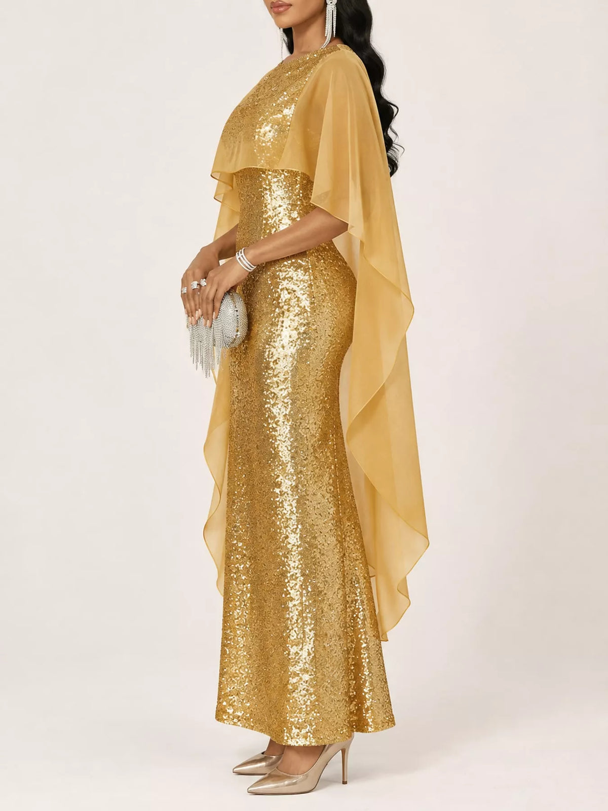Sequin Cape-Overlay Evening Dress