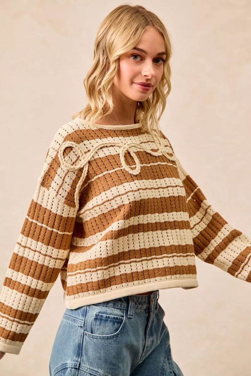 Striped Open-Knit Sweater Top in Brown by BiBi