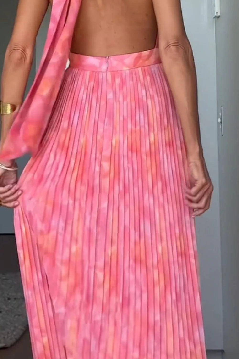 Halter Neck Pleated Maxi Dress in Pink