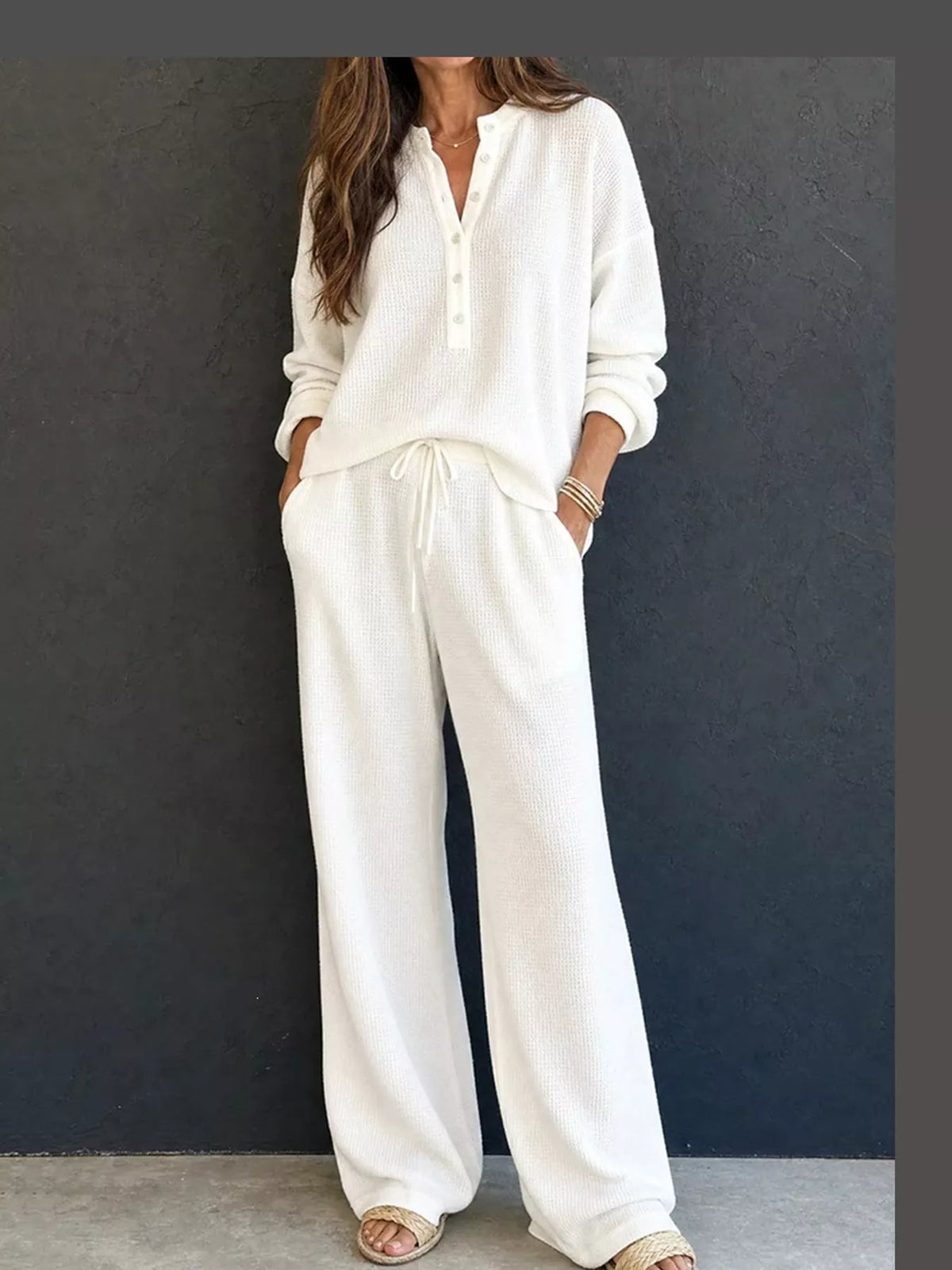 Waffle Knit Button Detail Top and Pants Set