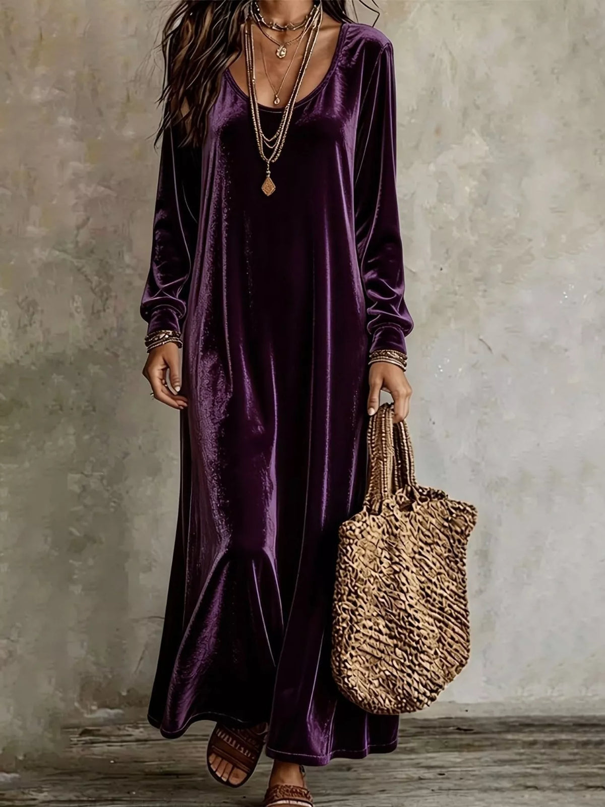 Velvet Long-Sleeve Maxi Dress