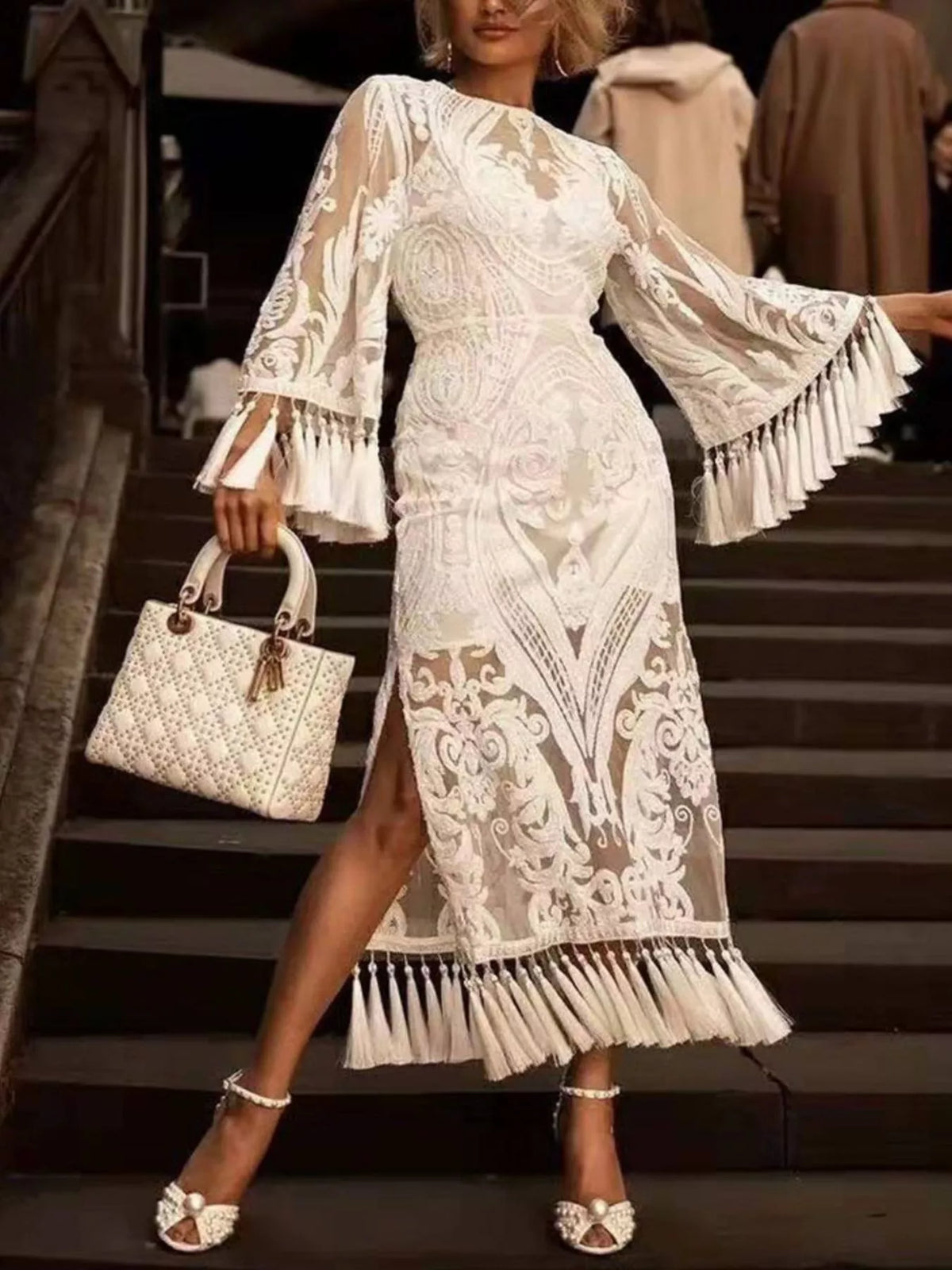 Tassel Hem Lace Flare Sleeve Dress in White