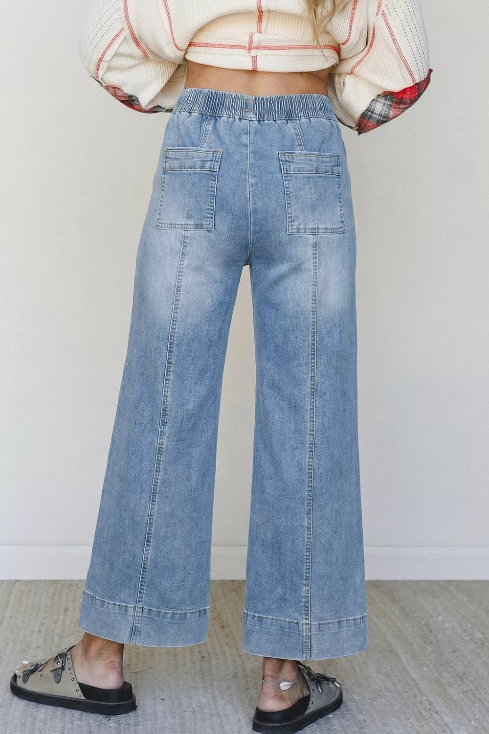 Drawstring Wide Leg Ankle Jeans in Light Blue