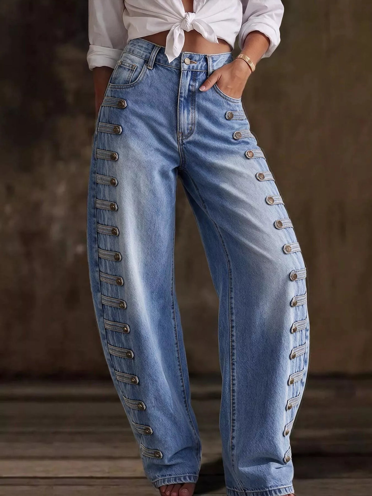 Decorative Button Wide Leg Jeans