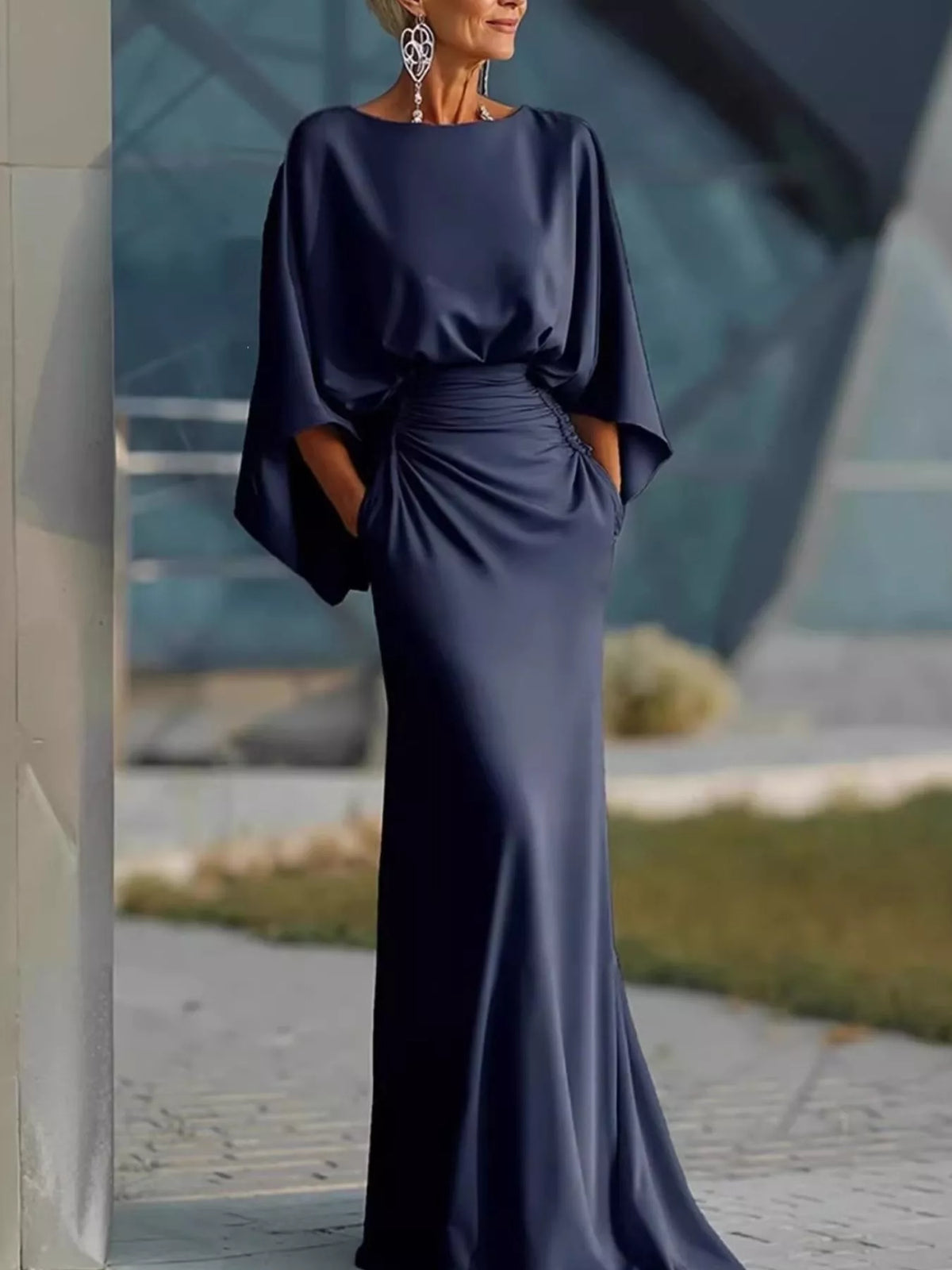 Ruched Batwing Sleeve Maxi Dress