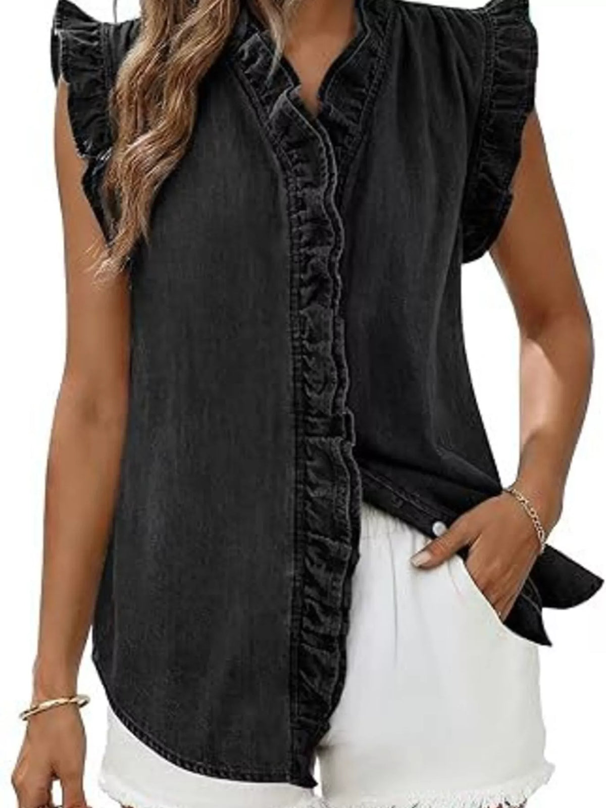 Ruffle Trim V-Neck Denim Top