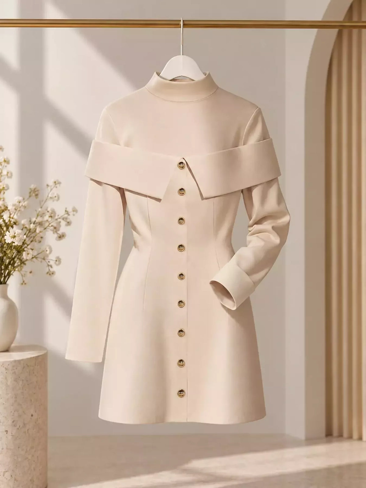 Mock Neck Button Front Mini Dress in Eggshell