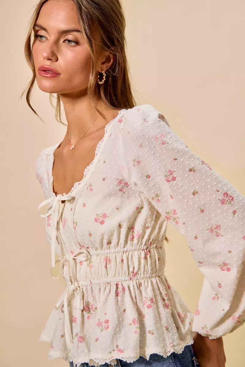 So Me Floral Clip Dot Lace Trim Blouse in White