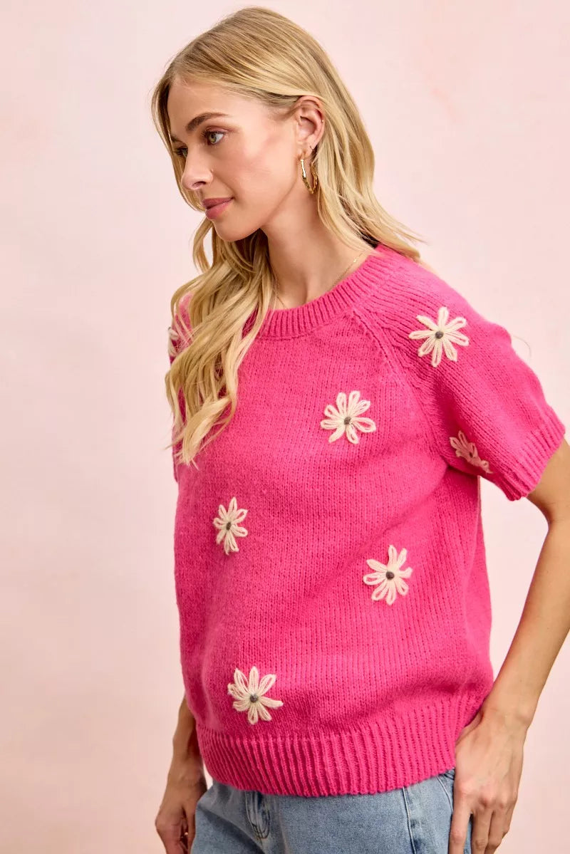 Fuchsia Lemon Flower Embroidered Knit Top in Fuchsia/Lemon by BiBi