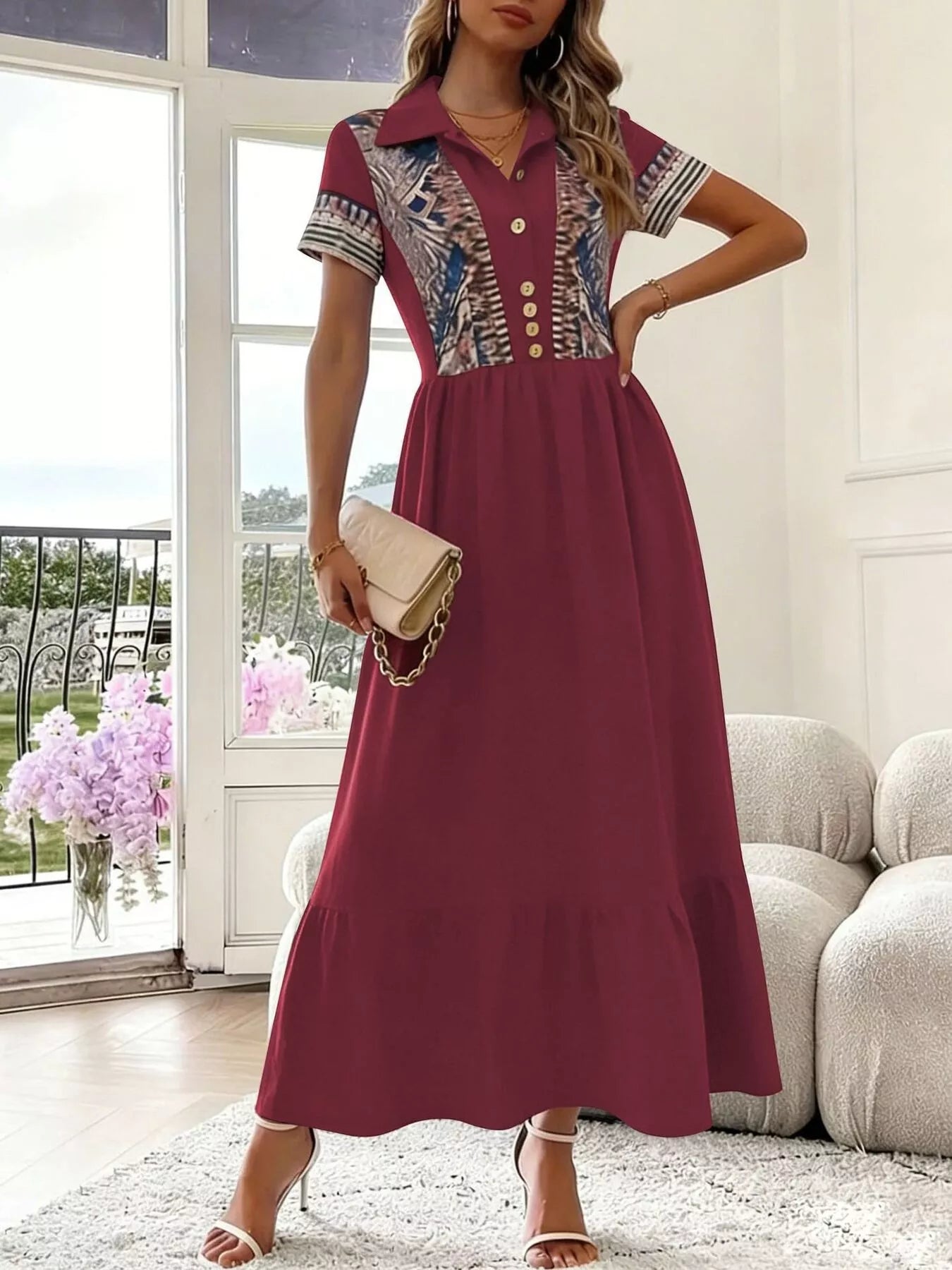 Printed Button-Front Maxi Dress