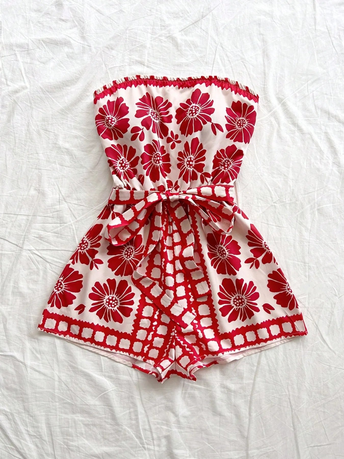 Printed Tube Tie-Waist Romper