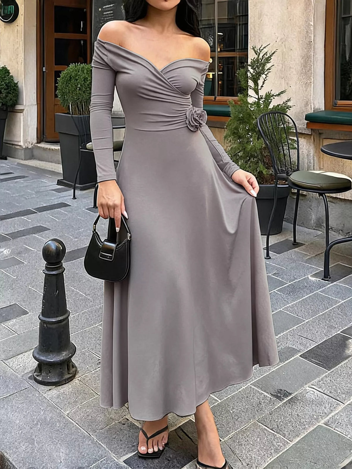 Surplice Long Sleeve Midi Dress in Gray