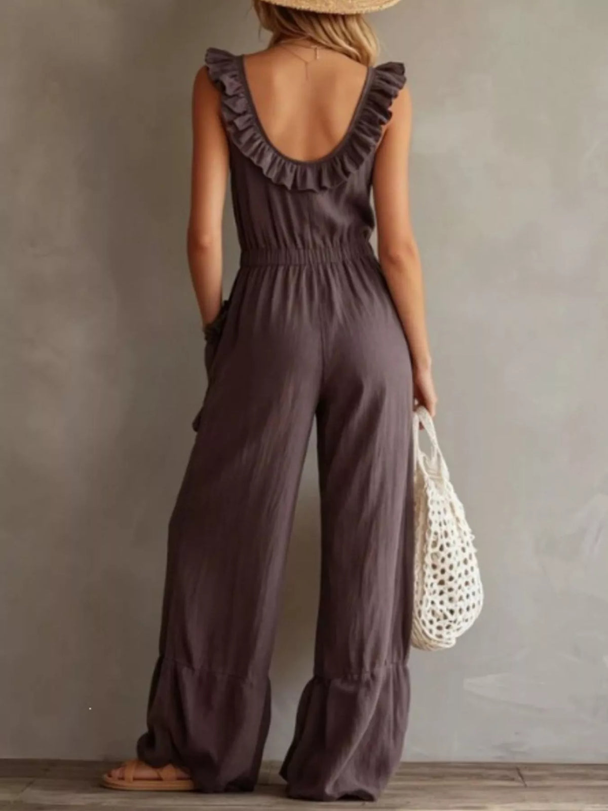 Ruffled V-Neck Jumpsuit with Pockets