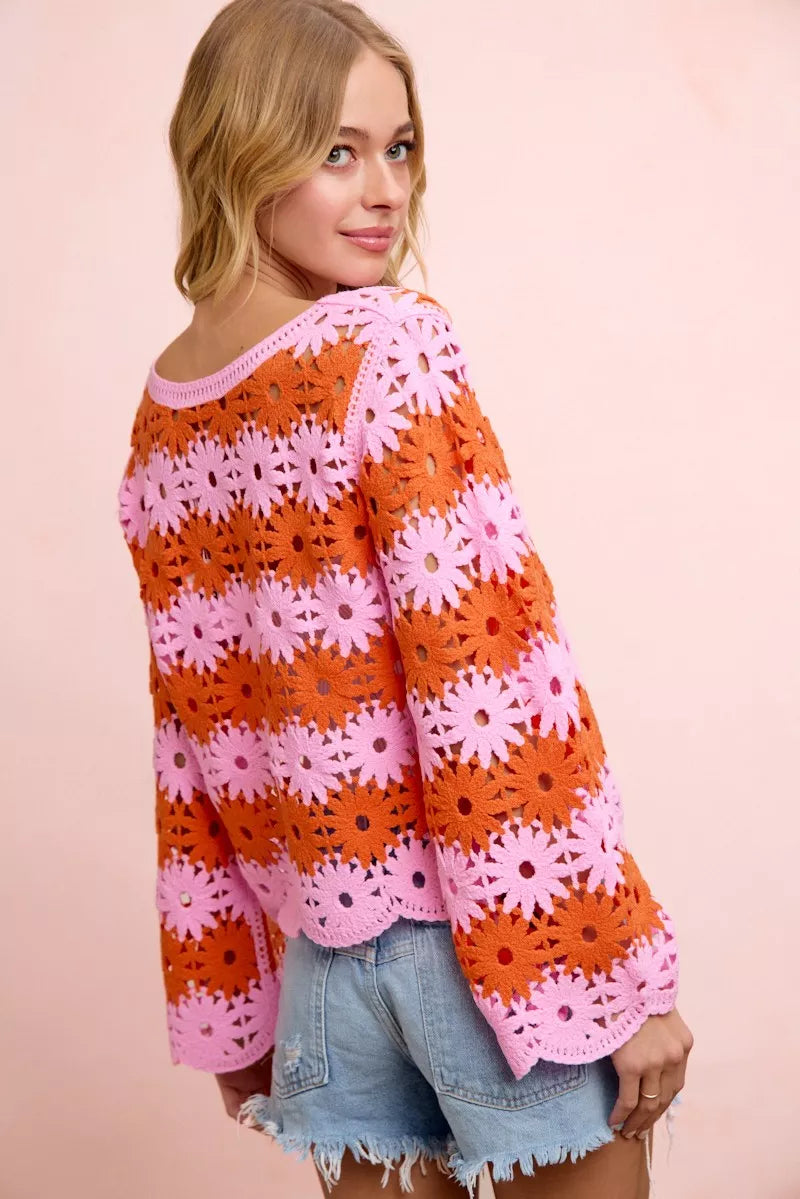 Flower Crochet Knit Top in Pink/Red by BiBi