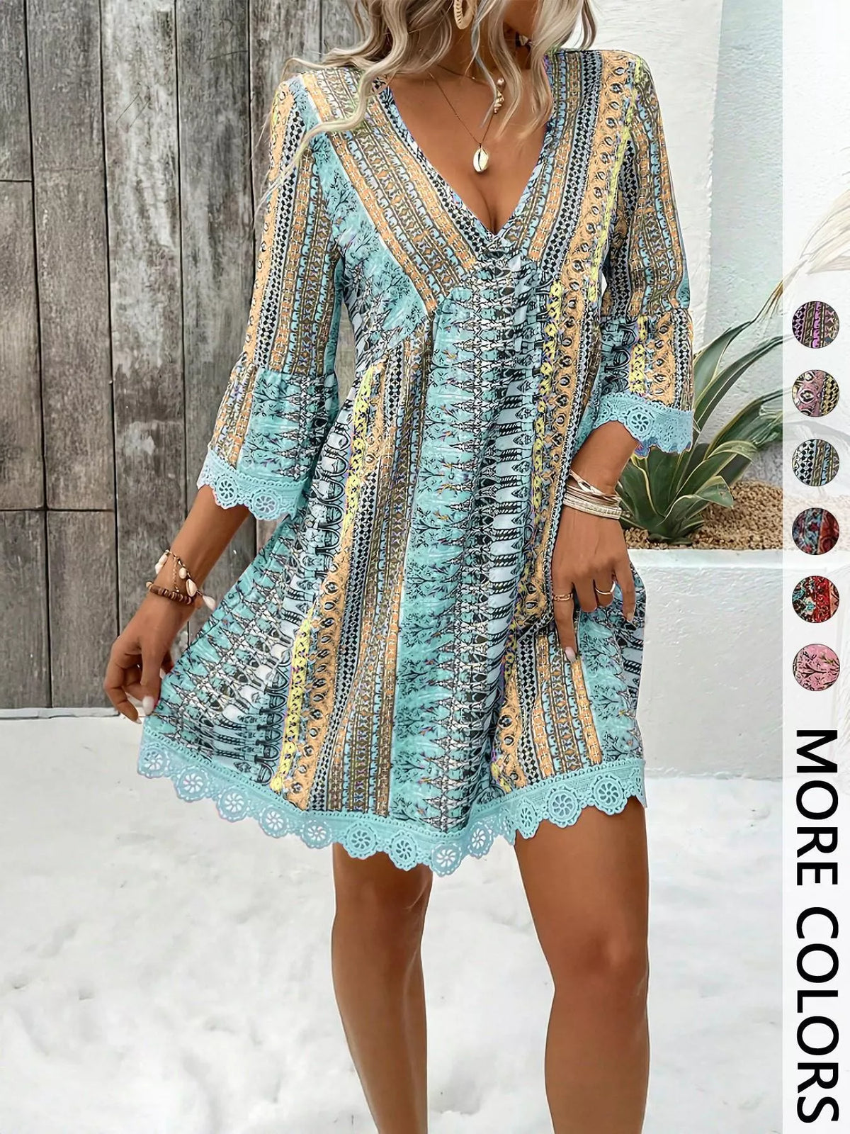 Printed V-Neck A-Line Dress with Lace Detail