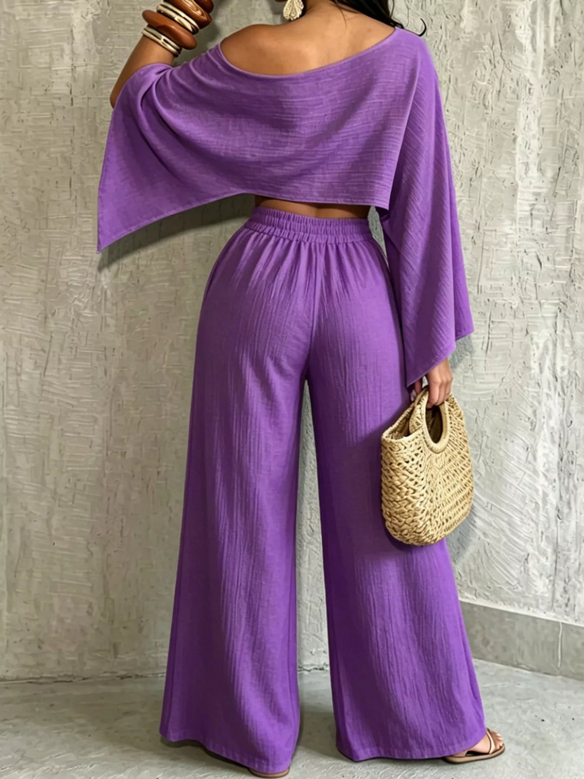 Boat Neck Crop Top and Wide-Leg Pants Set