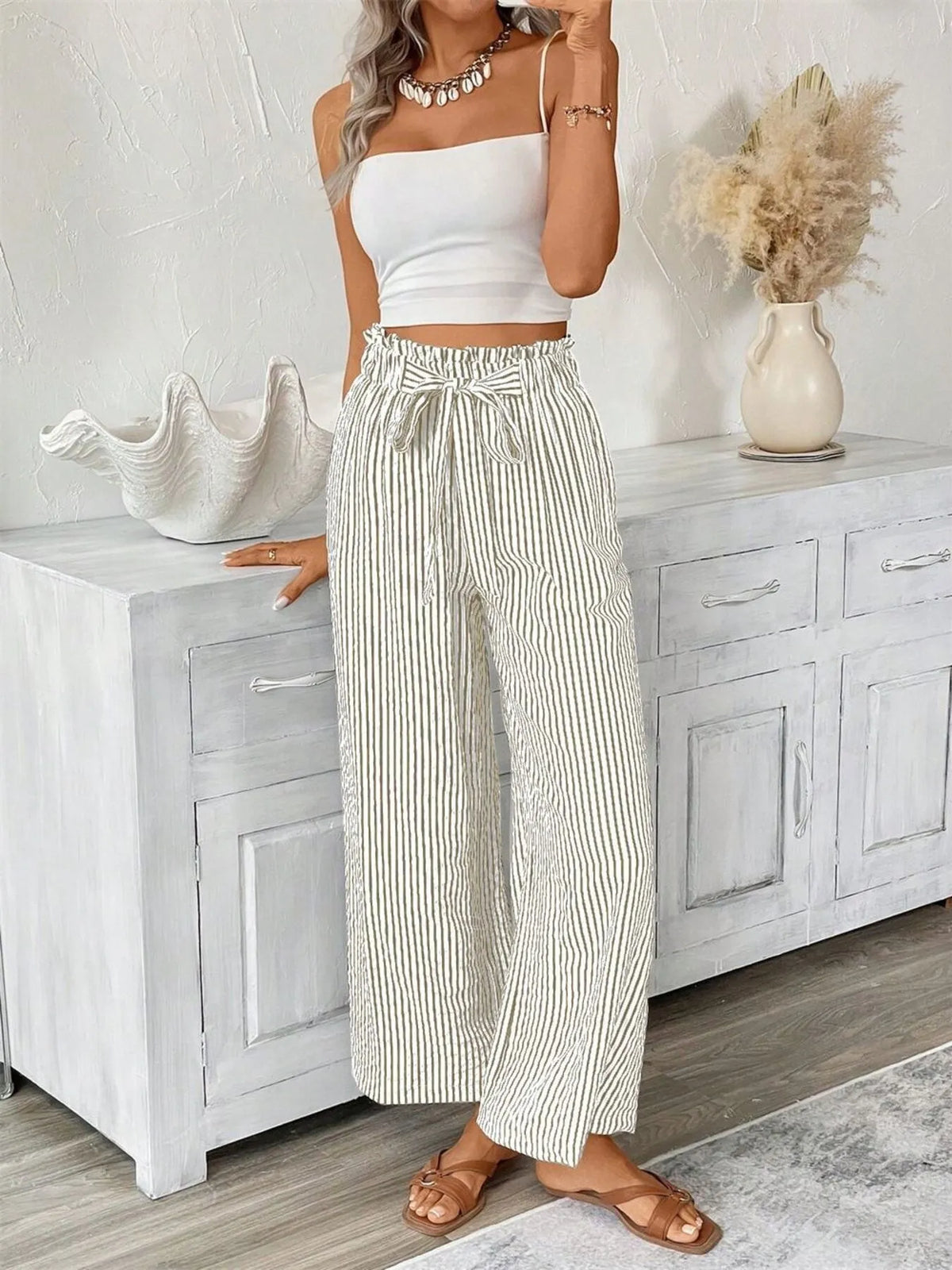 Striped Wide Leg Paper Bag Pants