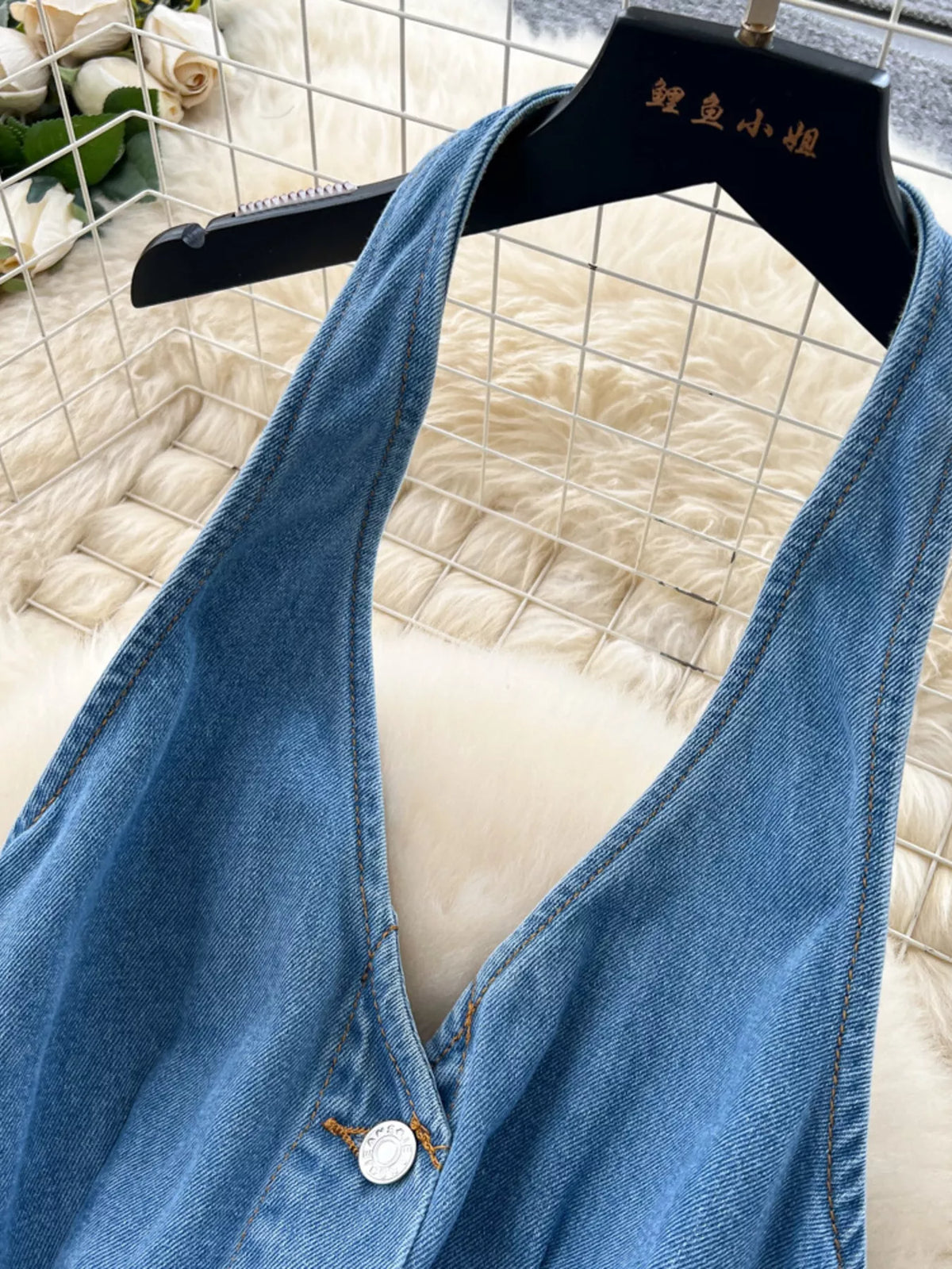 Halter Neck Button-Down Denim Dress in Blue