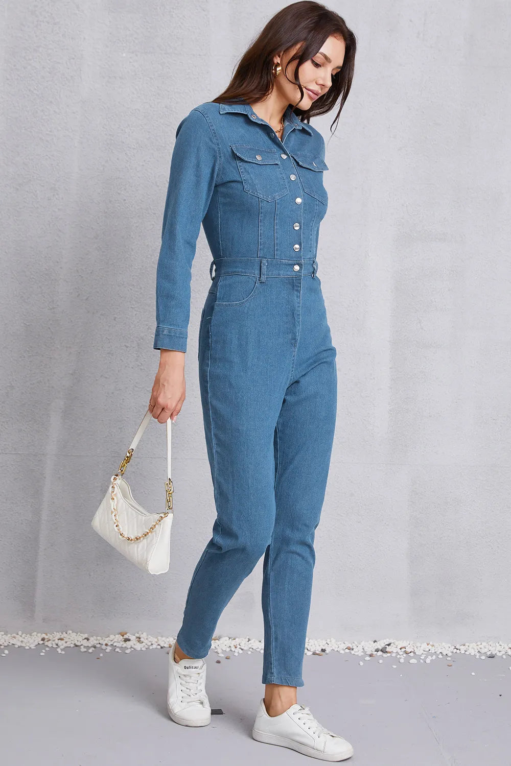 Snap-Down Denim Jumpsuit in Medium Wash by DE.C.H & K.M