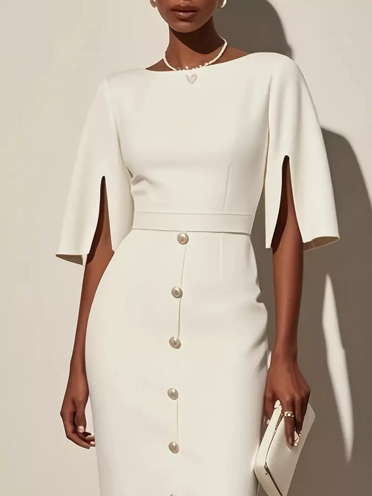 Decorative Button Slit-Sleeve Midi Dress