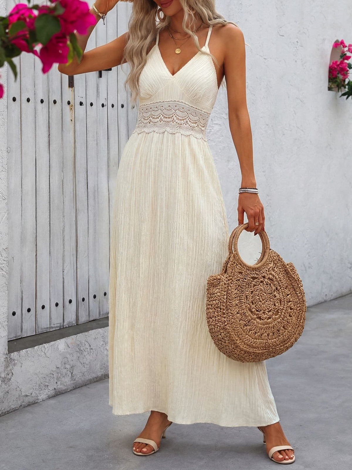 Lace Trim V-Neck Maxi Dress in Apricot