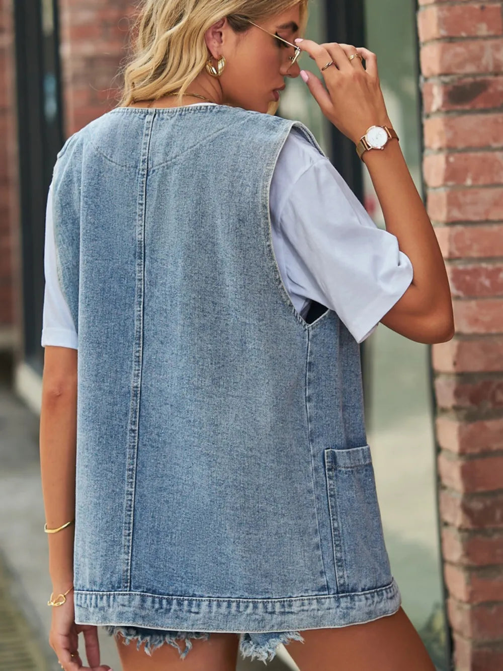 V-Neck Button-Up Denim Vest in Medium by Moni Wear