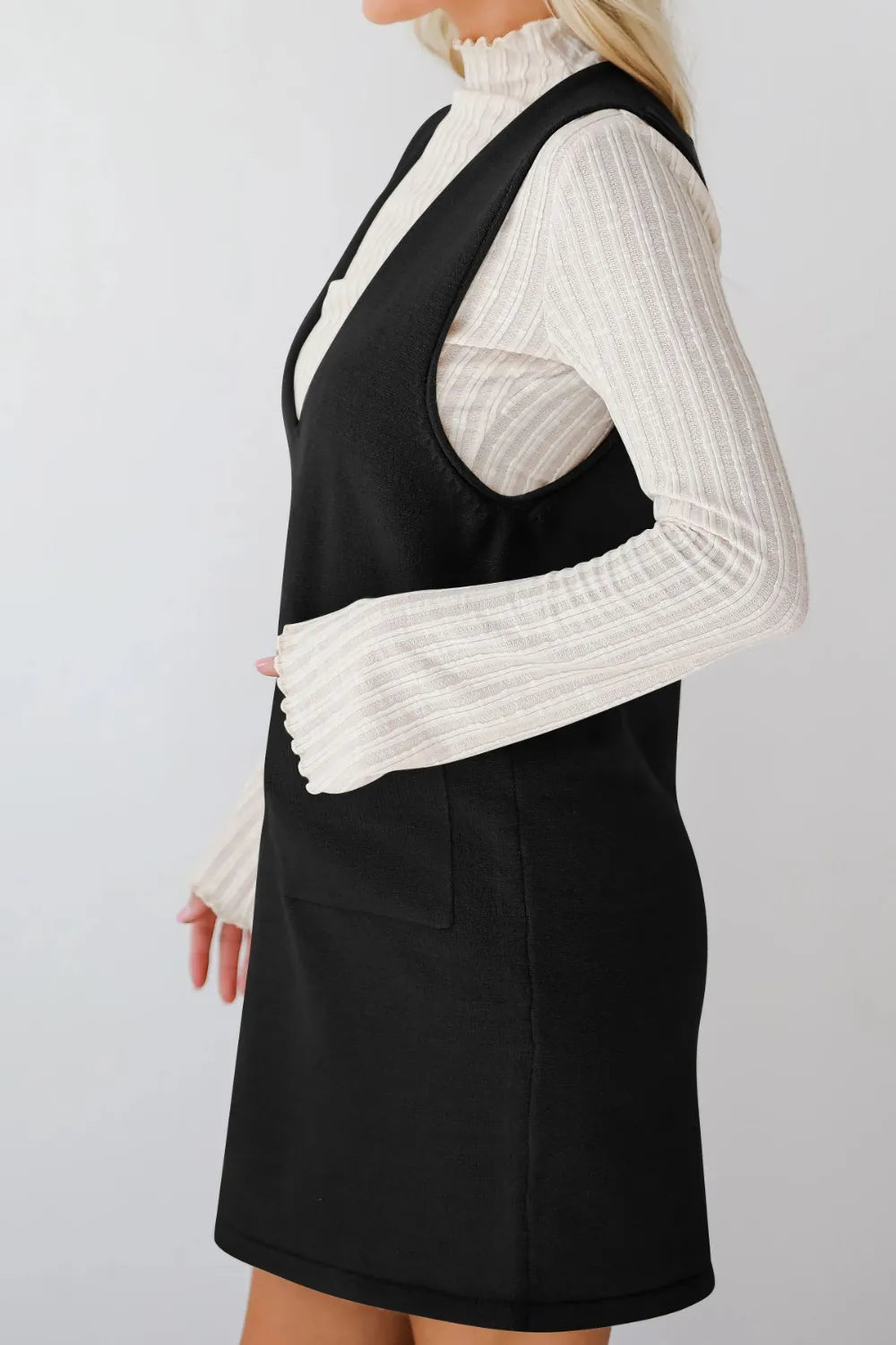 Pocketed V-Neck Sweater Overall Dress