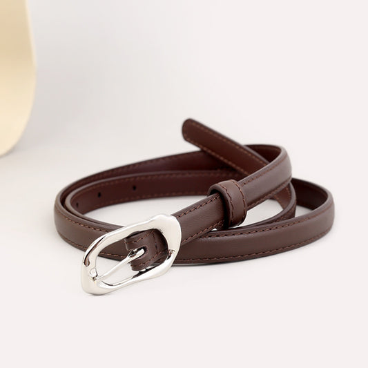 Ilussa Silver Buckle Skinny Leather Belt — Coffee