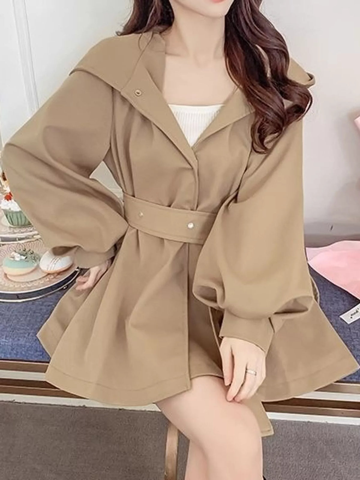 Lantern Sleeve Hooded Jacket with Belted Waist