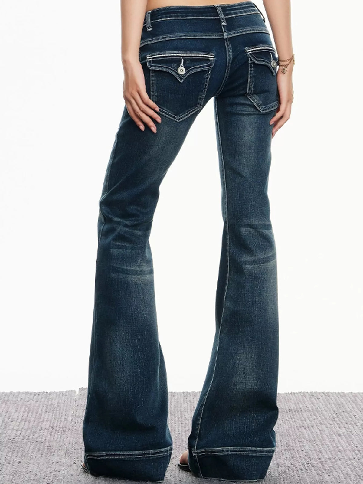 Low-Rise Flared Jeans with Contrast Stitching in Vintage Blue