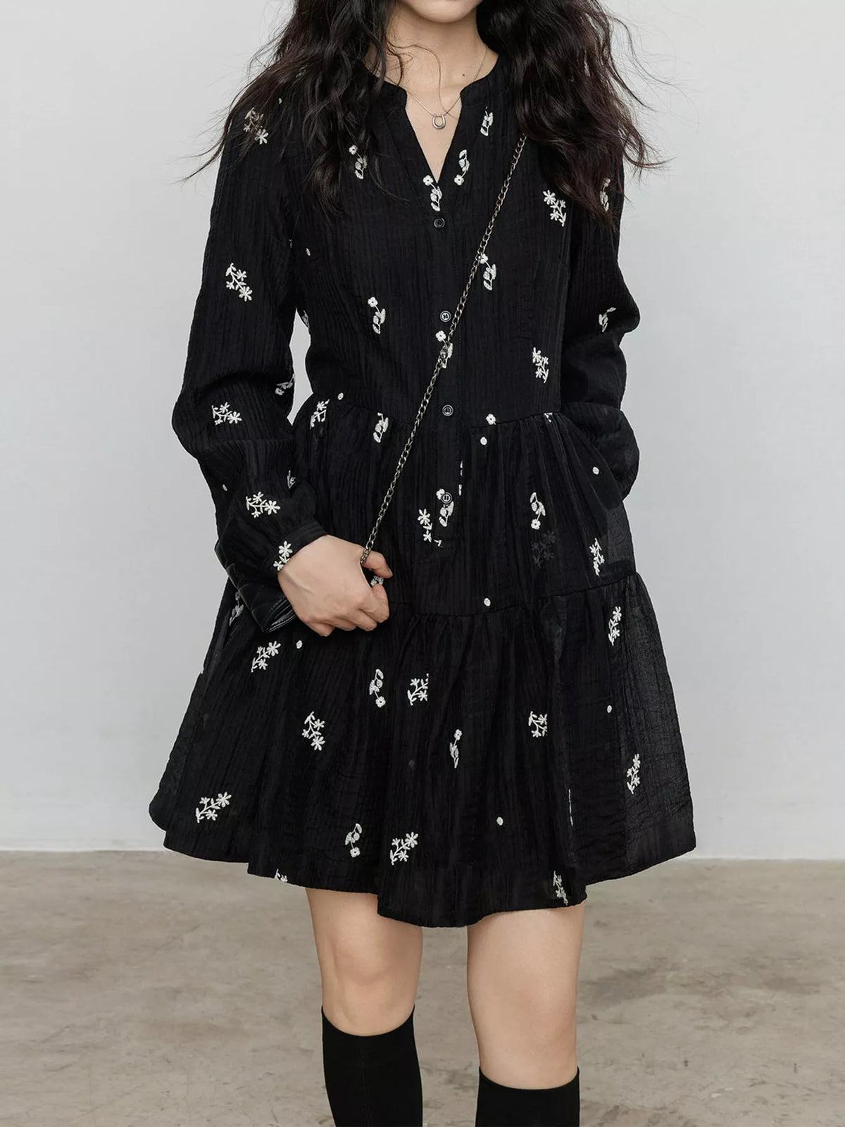 Floral Tiered Mini Dress in Black