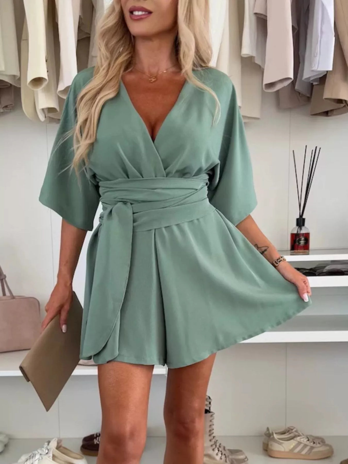 Belted Surplice Tie-Waist Romper