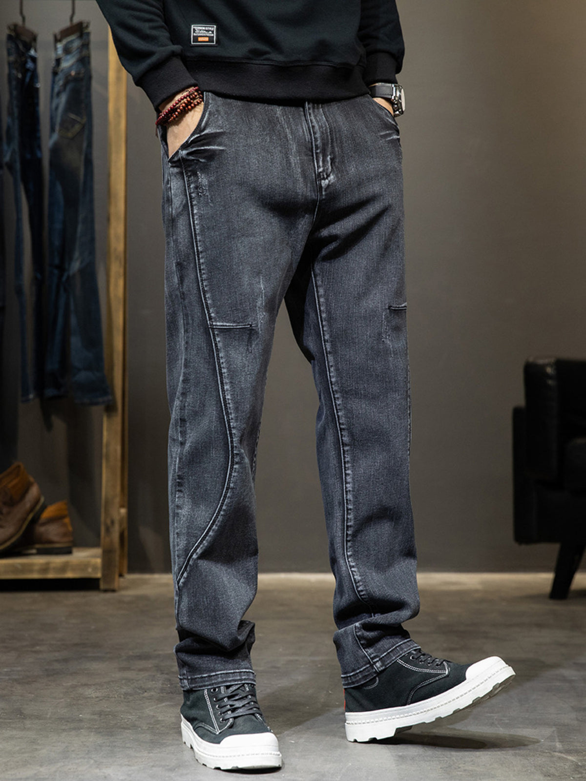 Washed Slim-Fit Jeans in Black by True Self