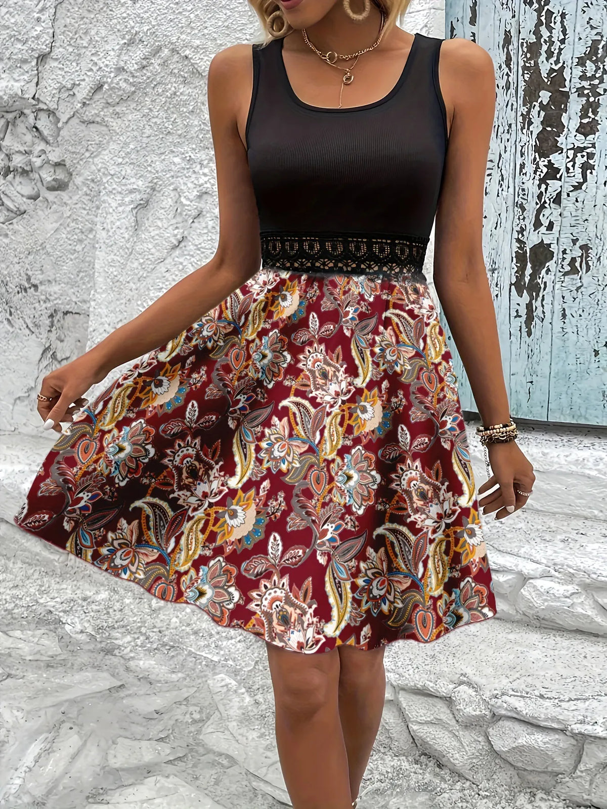 A-Line Tank Dress with Lace Waist Detail by Classic Comfort