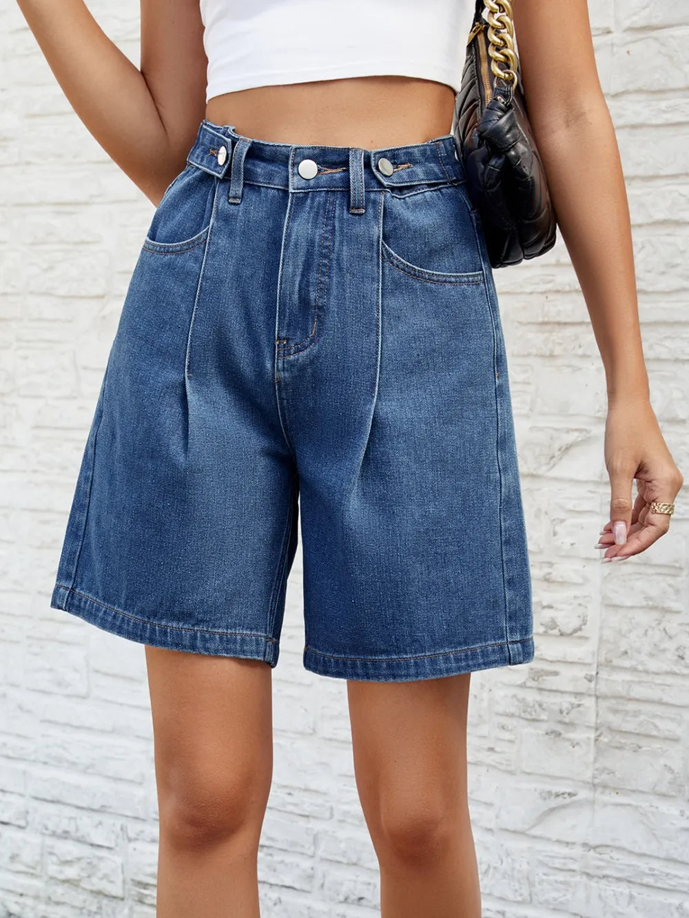 High Waist Button-Front Denim Shorts with Pockets by Manny