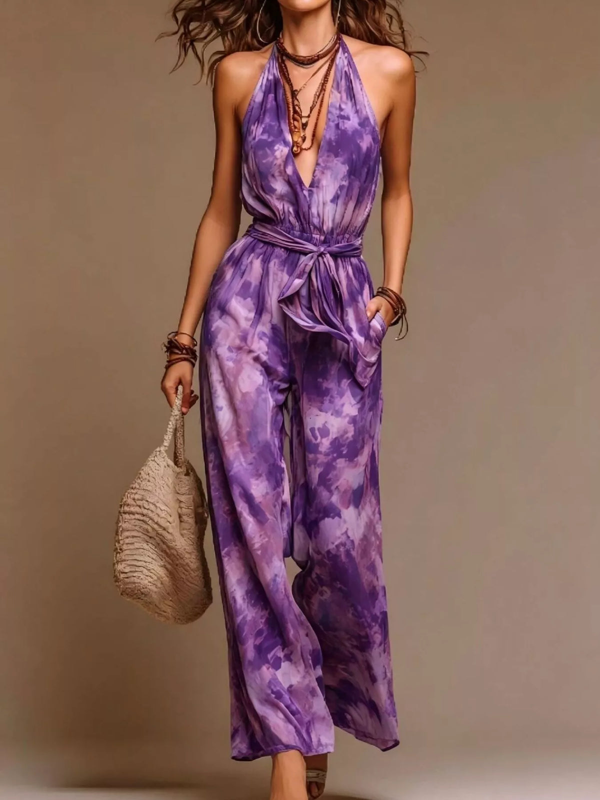 Boho Tie-Dye Halter Wide-Leg Jumpsuit