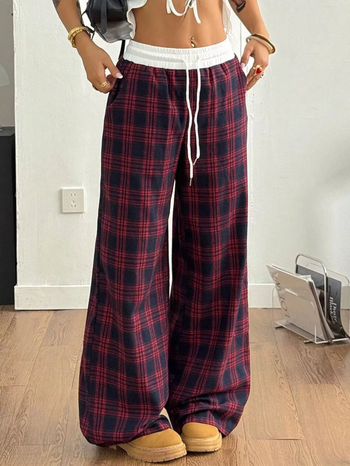 Plaid Drawstring Wide Leg Pants