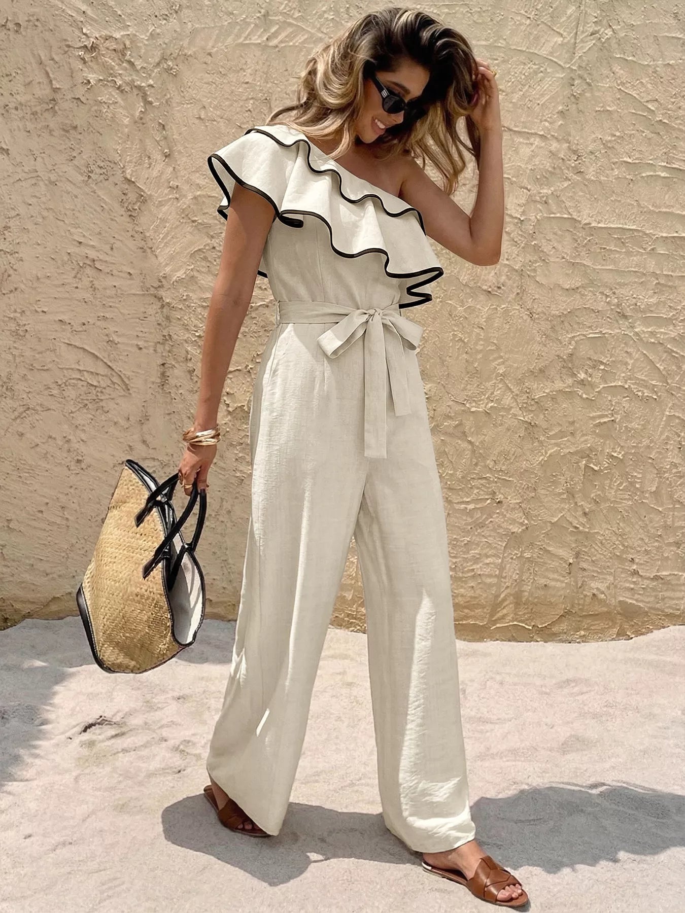 Ruffle One-Shoulder Wide Leg Jumpsuit in Khaki