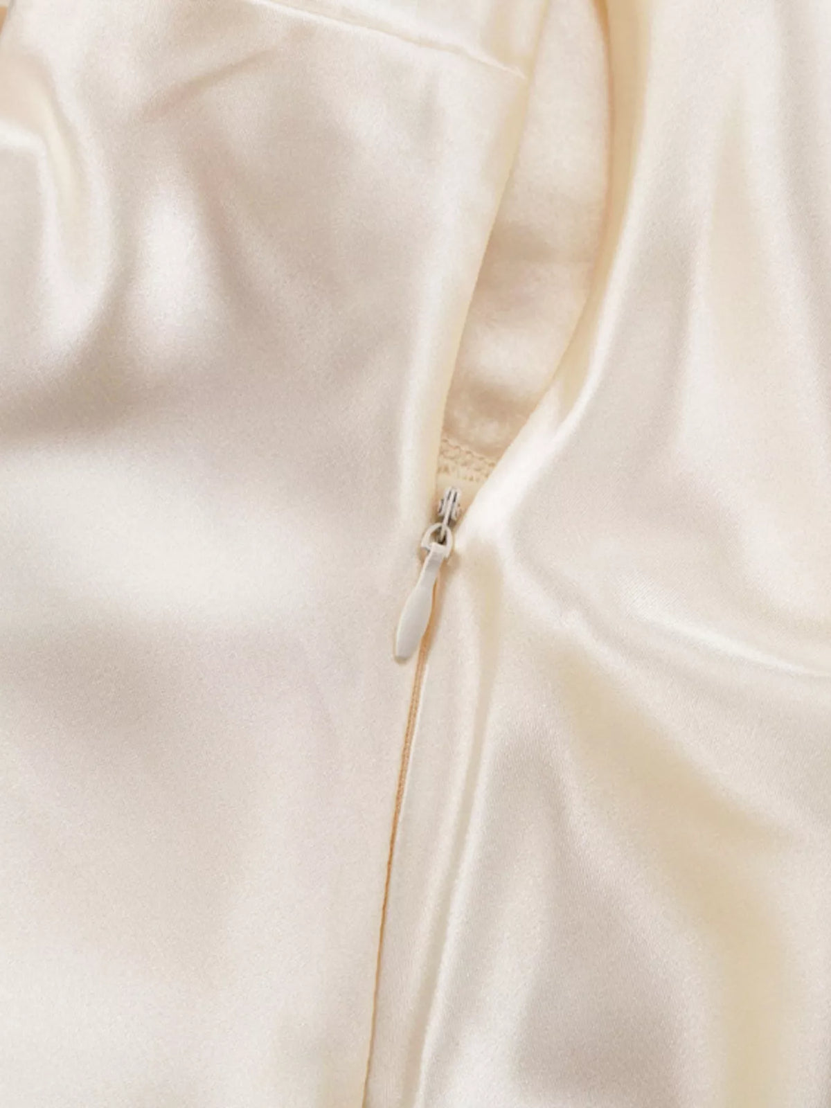 Satin Tie Shoulder Deep V-Neck Dress in Beige